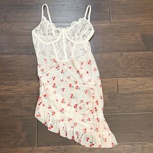 Cherries nightgown  Lace Trim Chemise Asymmetrical